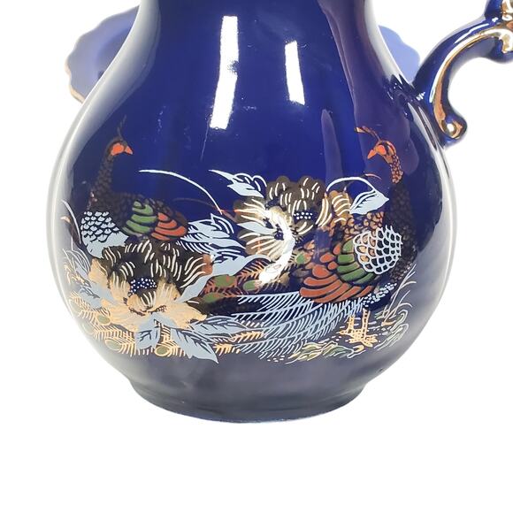 Vtg Cobalt Blue Pheasants & Gold Peony Pitcher & Basin Decorative Birds - Picture 3 of 12